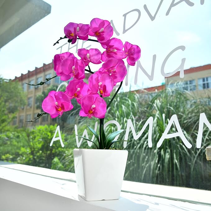 15" Silk Phalaenopsis Orchid in Square Pot, Fuchsia Flower Arrangements | Lifelike Faux Potted Blooms with Moss in a Ceramic Planter. Looks Real, Zero Upkeep, Ideal Centerpiece for Any Table