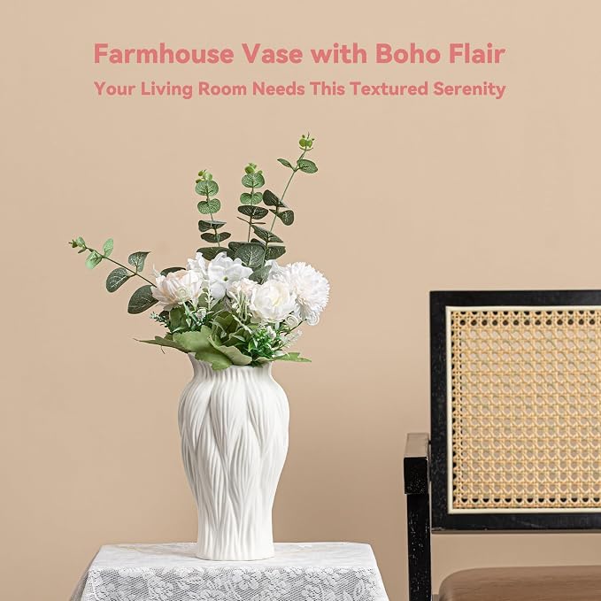 White Ceramic Vase with Reed-Inspired Texture - 9" Unique Flower Vase for Pampas Grass & Centerpieces, Decorative Boho/Farmhouse Vase for Living Room,Office Desk & Housewarming Gift (for Her/Yourself)