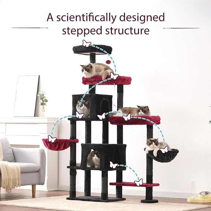 Hey-brother Cat Tree Tower with Stable Extended Base, 3 Platforms, MPJ038BR | 70.9 Inches Multi-Level Sisal Scratching Posts, Wide Bed, 2 Cozy Condos, 2 Hammocks, Toy Balls for Indoor Cats, Black and Red