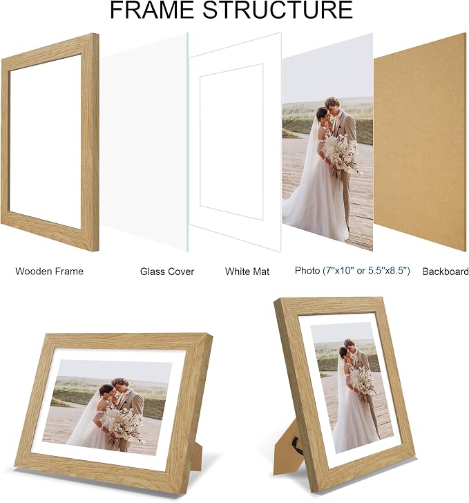 Hongkee 7x10 Picture Frame Set of 4, Made of Real Glass and Natural Oak Frame - Display 5.5 x 8.5 Diploma Frame with Mat or 7x10 Without Mat, 7 by 10 Photo for Wall or Tabletop