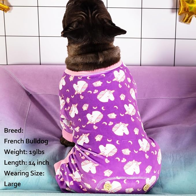 KYEESE Velvet Dog Pajamas for Large Dogs Soft Onesie Shirt, Unicorn Purple | 4-Way Stretch, Lightweight & Breathable, Reduces Shedding, Gentle on Sensitive Skin, Recovery Support, Easy Potty Breaks