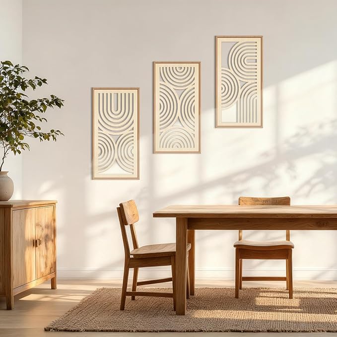 IARTTOP Boho Wooden Framed Wall Art Set of 3 Mid-Century Modern Wood Wall Decor Minimalist Natural Bohemian Home Decor for Living Room Dining Room Office