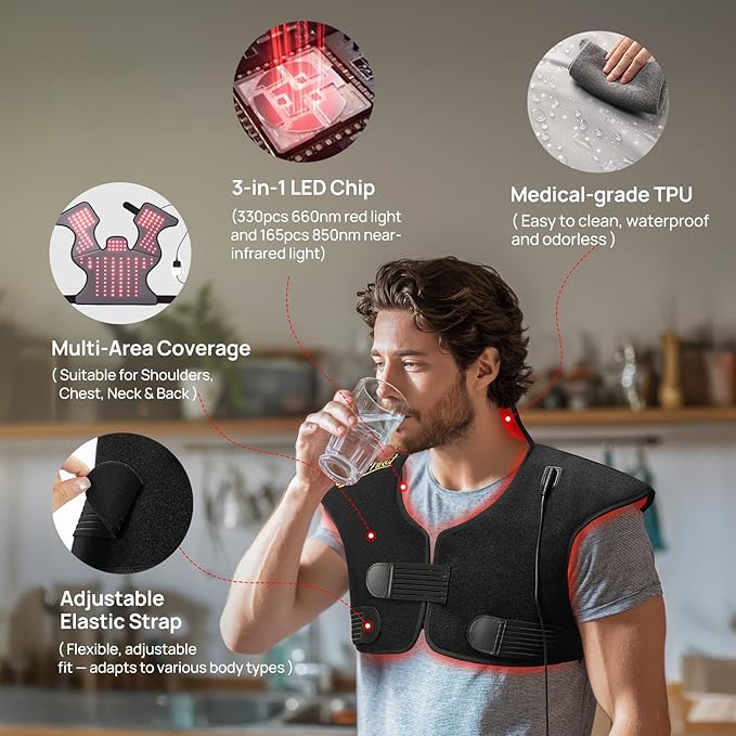 Red Light Therapy for Neck and Shoulders, Wearable Near Infrared Light Therapy Pad for Body Upper Back, 660nm&850nm 3-in-1 Chip, Red Light Therapy Pad for Back(Black)