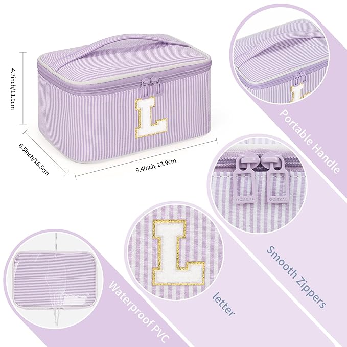 OCHEAL Makeup Bag Valentines Day Gifts for Women, Monogram Cosmetic Bag Purple Travel Makeup Case Beauty Toiletry Bag Organizer Personalized Gifts for Girls Bridesmaid, Sister, Wife, Friends Initial L