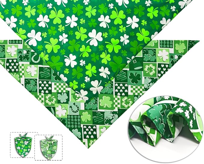 St. Patrick's Day Dog Bandanas 2PCS-XLarge,Irish Shamrock Design Scarves, Holiday Costumes,Pet Scarves for Boys and Girls,Dog Outfit Gifts for Extra Large Dogs(Green)