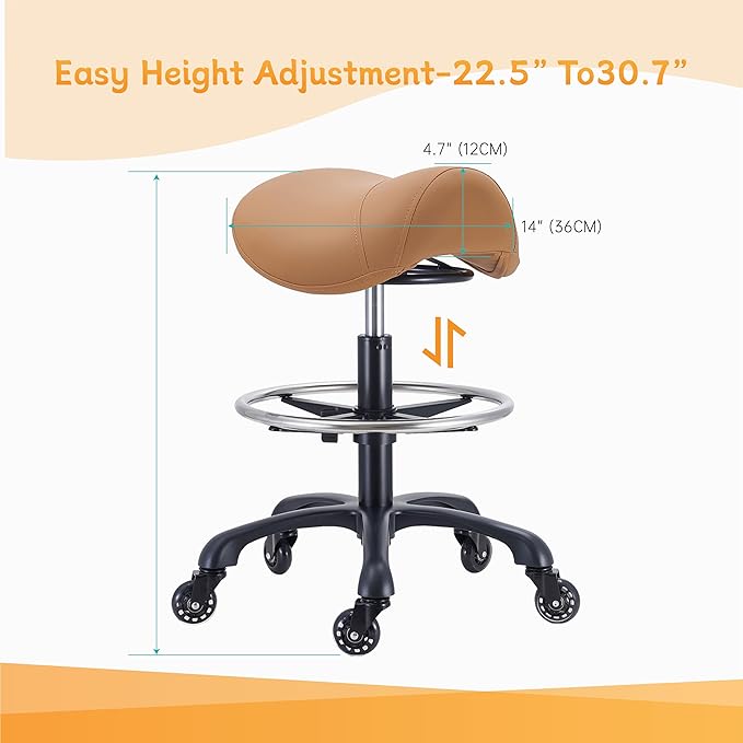 Saddle Salon Stool with Footrest,Heavy Duty, Adjustable Height, Rolling Esthetician Chair for Tattoo Spa Medical Dentist Clinic(Brown)