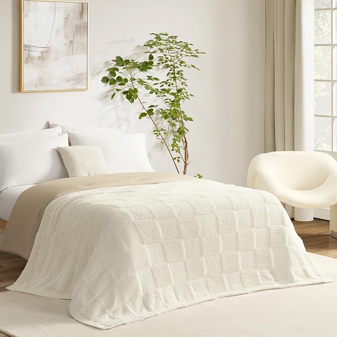 Snuggle Sac Checkered Throw Blanket Faux Fur Microfiber Blankets for Couch,Cozy Soft Warm Blanket for Sofa Bedroom Living Room,Solid Ivory,50x60 inches