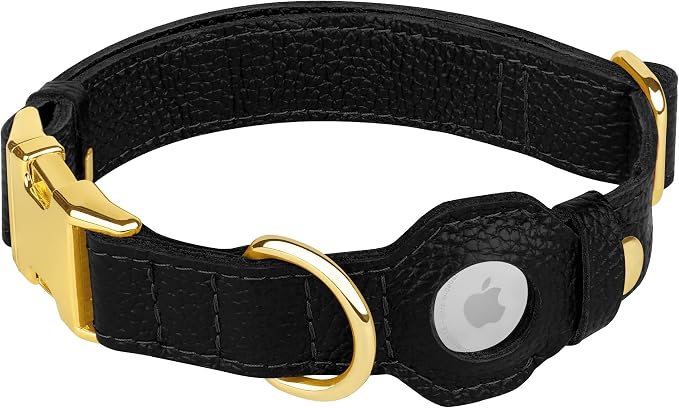 Leather Airtag Dog Collar - Soft Tracking Dog Collar with Apple AirTag Holder and Metal Buckle - Safety GPS Pet Collars for Small Medium Large Dogs Puppy Pink Red (Black, S, 12"-15" Neck Fit)
