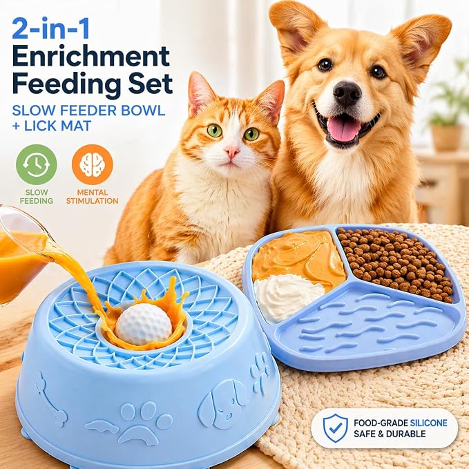 Slow Feeder Dog Bowls with Rolling Ball & Lick Mat for Dogs, Interactive Dog Enrichment Toy, Anti-Slip Puzzle Feeder for Yogurt, Bone Broth & Wet Food, Slow Eating Bowl for Small, Medium & Large Dogs