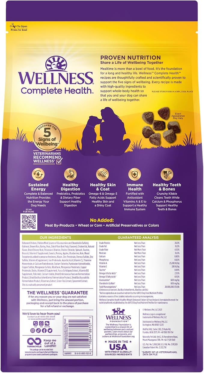 Wellness Complete Health Healthy Weight Adult Dry Dog Food, Wholesome Grain Kibble, Chicken and Peas Recipe, 5 lb Bag