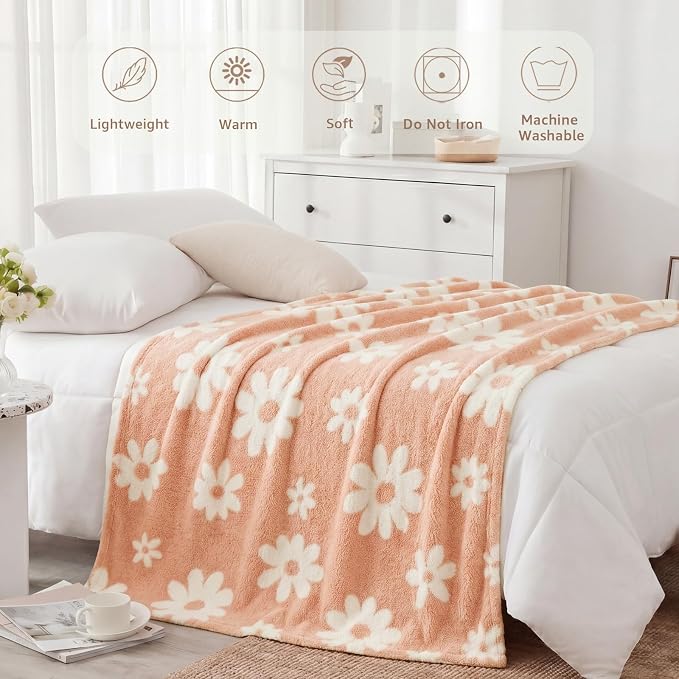 Soft Throw Blanket for Couch-Cozy Reversible Knitted Blankets | Lightweight Warm Fluffy Decor for Women, Mom, Her & Girls, Sofa, Chair, Bed, 50x60in,Daisy Floral Peach Orange