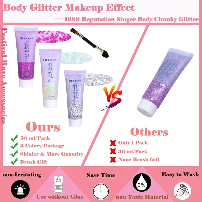 Body Glitter Face Glitter Gel: Singer Concerts Disco Festival Rave Accessories Face Glitter Makeup Chunky Sequins Mermaid Face Body Hair Glitter Gel (White&Silver&Purple)