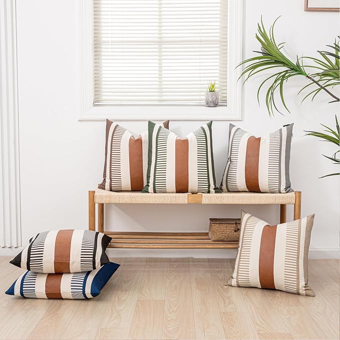 2 Pack 20x20 Inch Pillow Covers - Brown Faux Leather & Gray Stripe Print Soft Canvas Splicing, Same Pattern Both Sides | for Sofa Couch Bed Living Room, Farmhouse Industrial Minimalist Decor