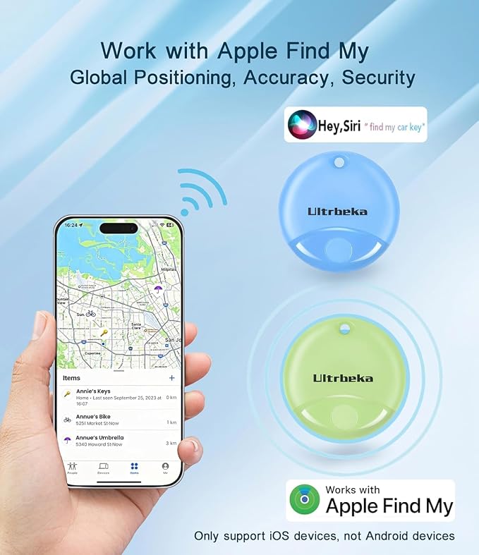 Ultrbeka Air Tracker Tag 4 Pack Bluetooth Item Finder for iPhone – MFi Certified Smart Tracker Compatible with Apple Find My, IP67 Waterproof Key Finder for Keys, Wallet, Luggage, Bike, Backpack