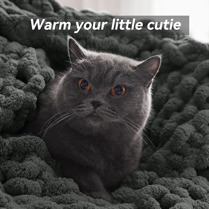 Negwoo Chunky Knit Throw Blanket, Knitted Throw Chenille Yarn, 30"*40" | Soft Thick Cable Knitted Blankets, Handmade Big Thick Blanket, Machine Washable Cute Comfy Blanket for Home Decor, Dark grey