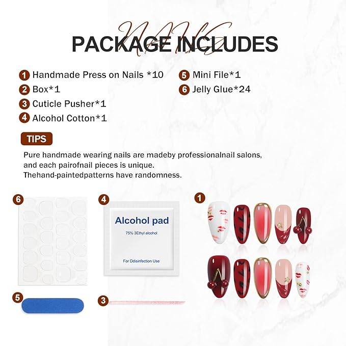 Handmade Press On Nails Almond, Valentine’s Day Press On Nails Luxury French Tips Fake Nails Short, 3D Cherry & Hickey Design, Salon-Quality Reusable, Fall/Winter Gift for Women, 10pcs
