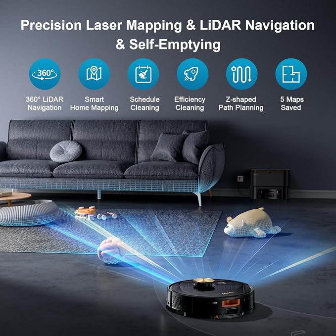Robot Vacuum and Mop, 11500 Pa Suction, 3-in-1 Robotic Vacuum with Smart LiDAR Navigation, 90 Day Self-Emptying,160 Min Runtime,App/Alexa/Voice Control, Ideal for Pet Hair, Carpet & Hard Floor