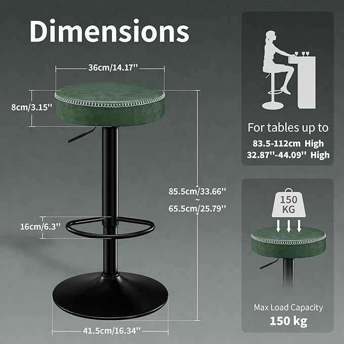 Bar Stools Set of 2 Microfiber Leather Counter Height Bar Stools with Round Seat Adjustable Swivel Backless Barstools Modern Tall Bar Chairs for Kitchen Island Green(24-33 Inch,330lbs)