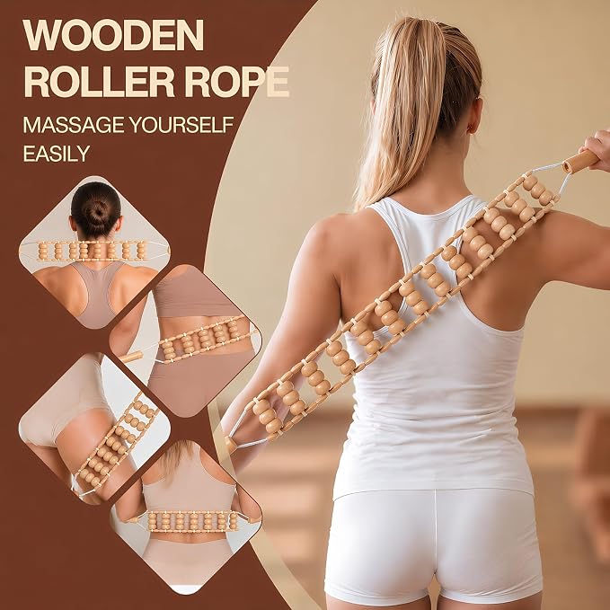 3Pcs Wood Therapy Massage Tools Set for Body Sculpting | Massage Roller Rope, Gua Sha Board for Lymphatic Drainage, Neck, Back, Waist and Legs