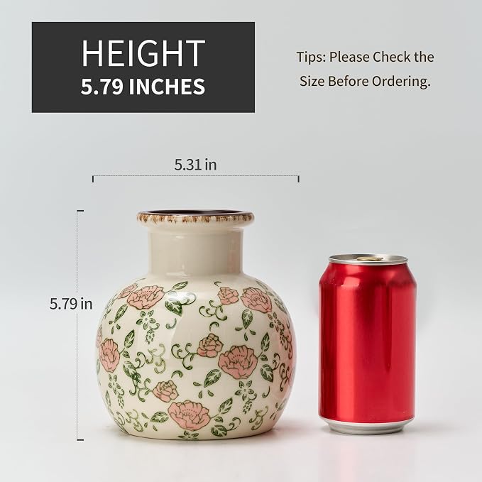 SIDUCAL Ceramic Vintage Vase, 5.91 Inch Retro Ice Cracked Chinoiserie Floral Vase, Rustic Farmhouse Vases for Home Decor, Bookshelf, Garden, Chinoiserie Decor, Tuscan Decor, Red Rose Pattern