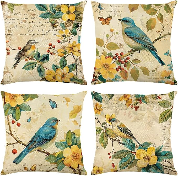 wyooxoo Spring Pillow Covers 18x18 Set of 4 Summer Farmhouse Throw Pillow Covers Floral Bird Decorative Cushion Cases for Sofa Couch Outdoor Bedroom