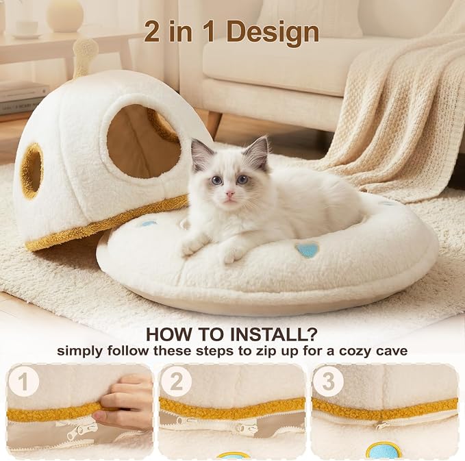 Cat House for Indoor Cats - 2 in 1 UFO Large Cat Bed Cave | Soft Sherpa Fabric, Calming Cozy Hideaway, Removable & Washable Cushion, Spacious for Multi-Cat Families (Up to 25 Lbs)