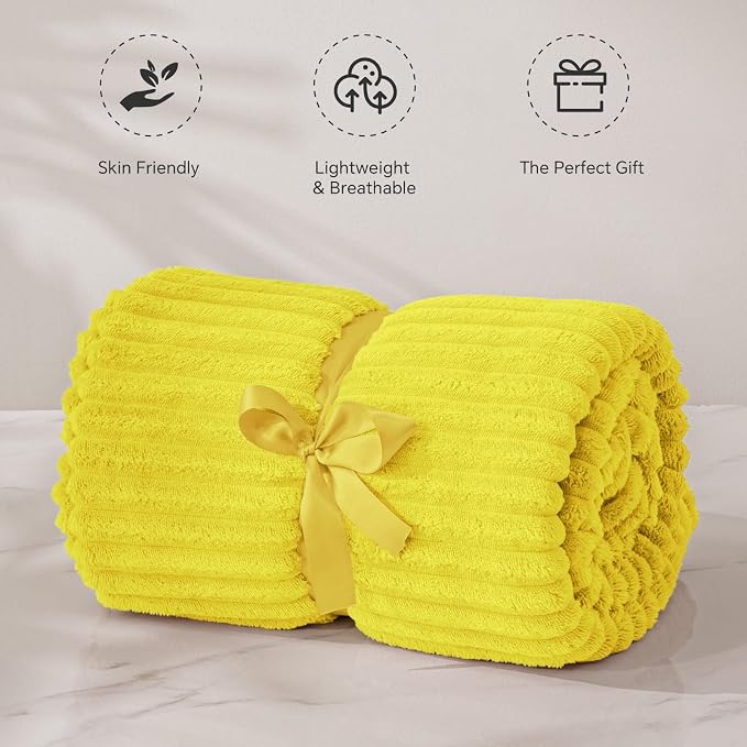 BEDELITE 3D Ribbed Jacquard Yellow Fleece Twin Blanket for Bed, 60x80 Inch | Soft Warm Decorative Fluffy Blanket, Cozy Plush Lightweight Fuzzy Throw Blanket for Couch Sofa Room Decor, Gift for Women