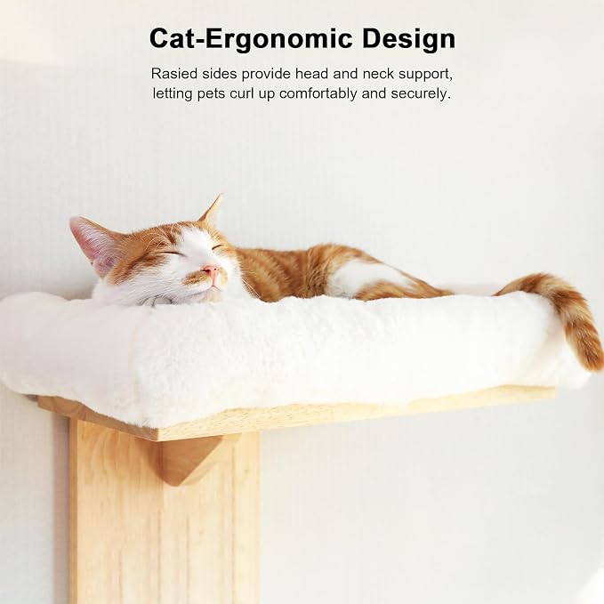 FUKUMARU Cat Wall Shelves, 2 Platform with Soft Cushion Perch | Floating Shelf Kitten Furniture, Solid Rubber Wood Cats Perch For 16 Inch Drywall, Suitable for Climb, Play, Nap