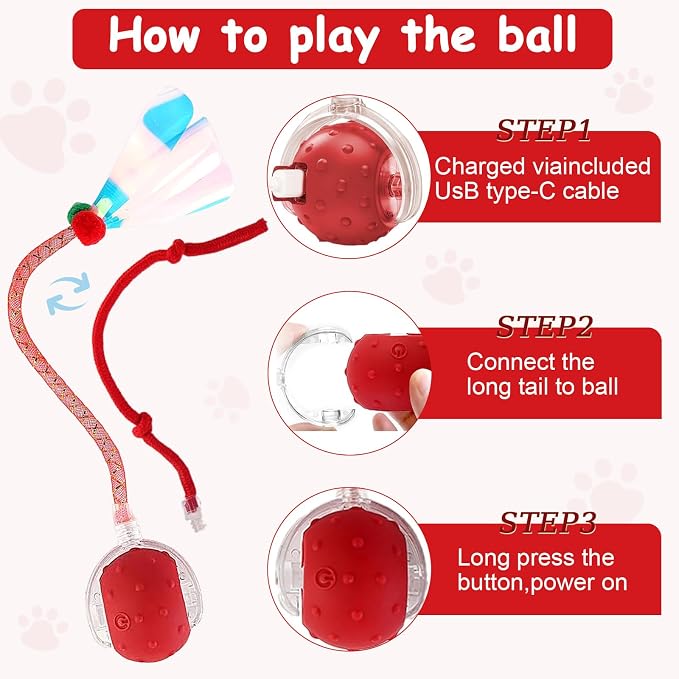 Interactive Cat Toys Smart Ball for Cats & Dogs! Now with 2 Rapid Tails. Features: 360°Auto-Rolling, Motion Activation& Bird Sounds. Perfect for Indoor Pet Exercise & Fun. (Red＆Blue)