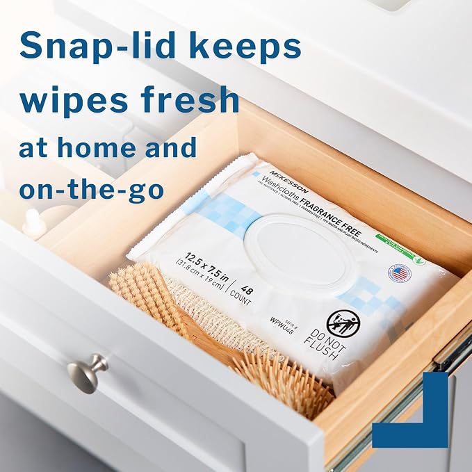 McKesson Washcloth Wipes, Unscented - Disposable Wet Wipes for Adults - Fragrance-Free, Paraben-Free - No-Rinse Formula, 48 Count, 6 Packs, 288 Total