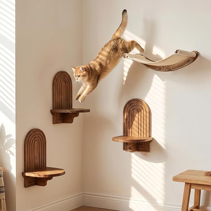 Rustic Cat Wall Shelves, Farmhouse Style Wooden Cat Furniture with Hammock, Space-Saving Cat Climbing System & Floating Perch for Indoor Cats