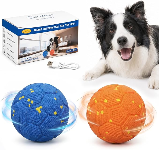2-Pack Interactive Dog Balls, Automatic Moving, Bouncing, and Rotating Pet Balls with E-TPU Material, Smart Moving Toy with 3 Interactive Modes, Durable E-TPU Construction, IP65 Protection