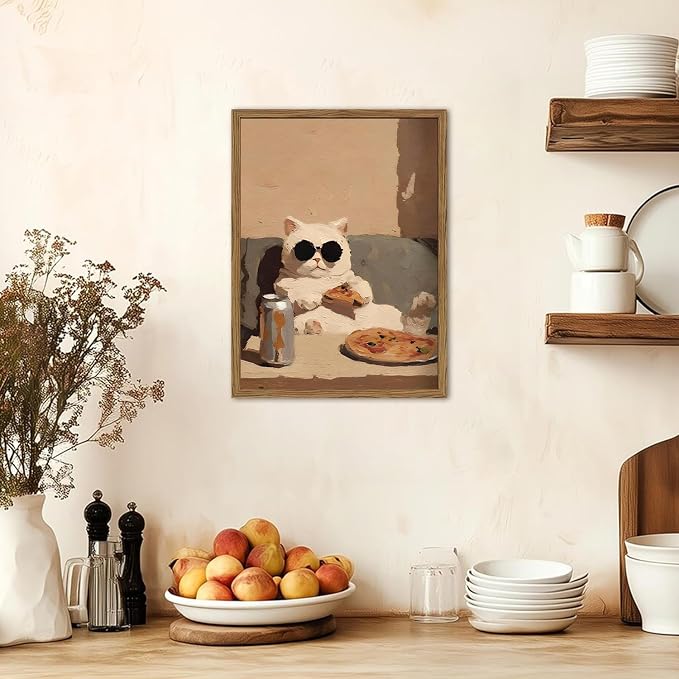 Funny Kitchen Cat Wall Art, Whimsical Animal Wall Decor Painting 3D Textured Sandstone Poster Picture Print Cute Cat Artwork for Bedroom Dining Room Nursery 12x16 inch Wood Framed
