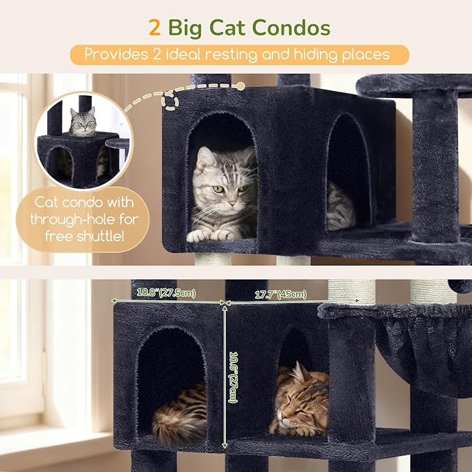 Globlazer Extra Large Cat Tree Tower, 82in Tall Heavy Duty Cat Tree for Indoor Cats Large Adult Big Cat Tower with 8 Scratching Posts, 2 Cat Condos, 2 Padded Perches, 3 Hanging Baskets, S82, Dark Gray