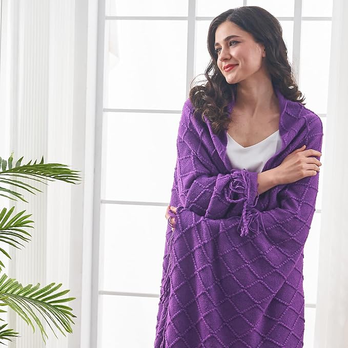 inhand Purple Knitted Throw Blanket for Couch and Bed, 50"x60" | Gifts for Mom from Daughter Son, Soft Lightweight with Tassels, Farmhouse Warm Decorative Blanket for Women, Cozy Knit