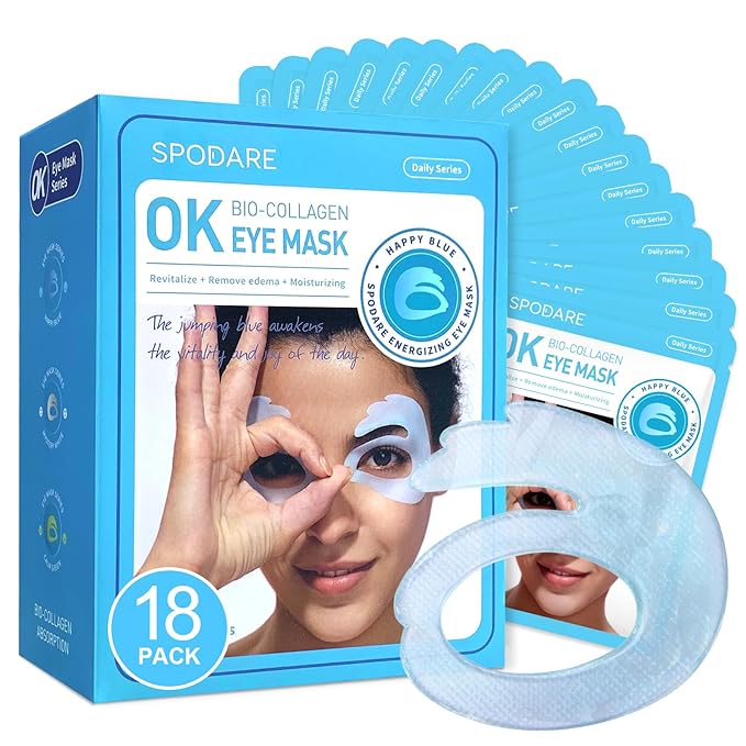 SPODARE OK Shape Eye Masks, 360° Fit Under Eye Patches with Retinol and Collagen, Firming & Hydrating Eye Mask for Wrinkles and Puffy Eyes, Self Care Gifts for Women - 18 Pairs, Happy Blue
