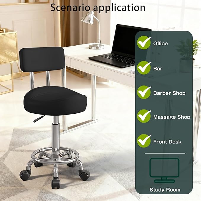 Saddle Stool with Back and Ring Pedal, Adjustable Hydraulic Rolling Chair with Wheels for Salon, Spa, Medical, Massage & Drafting Use Black