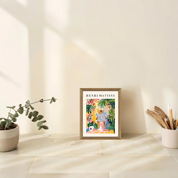 ICHZUMW Framed Funny Tabby Cat Matisse Canvas Bathroom Wall Art, 8x10 In | Humorous Cat Reading on Toilet, Girly Pink Dopamine Bathroom Wall Decor, Restroom Powder Room, Fade Resistant, Ready to Hang