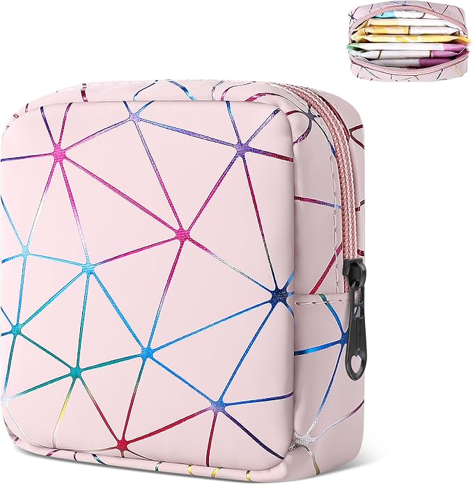 Likesing Sanitary Napkin Storage Bag, Leather Portable Period Bag for Girls Women, Sanitary Napkin Period Pad Pouch Tampon Holder for Purse (Colorful Pink, Small)