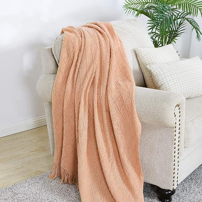 BOURINA Orange Throw Blanket 60x80 Inch Boho Knit Soft Throw Sofa Blanket | Knitted Throw Blanket 60x80 Inches, Soft Lightweight Boho Weave Throw Decorative Couch Blanket for Living Room Bedroom Chair