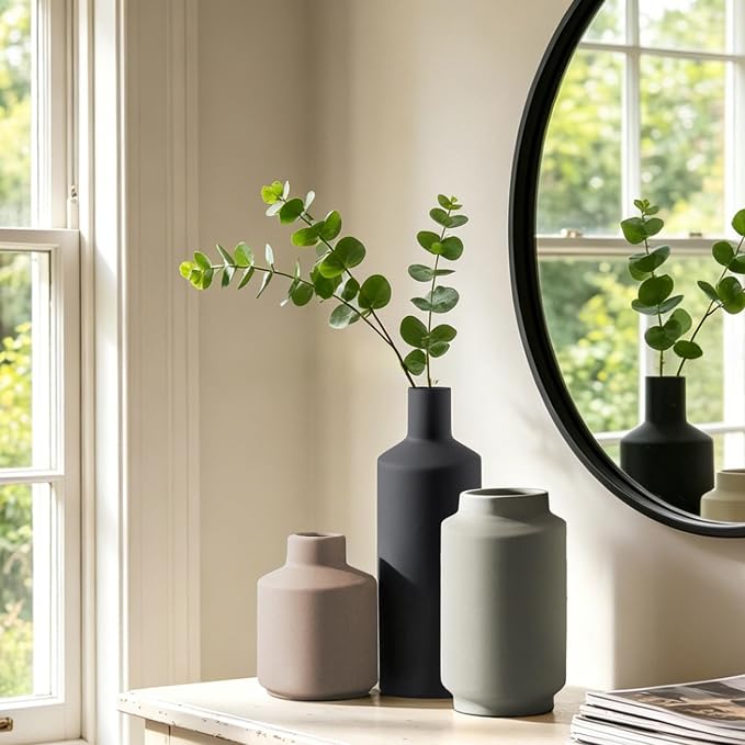 Ceramic Vase Set of 3, Modern Decorative Vases for Home Decor, Small Flower Pottery Vase Sets, Boho Farmhouse Rustic Vases for Living Room, Kitchen, Bedroom, Bathroom, Shelf, Table