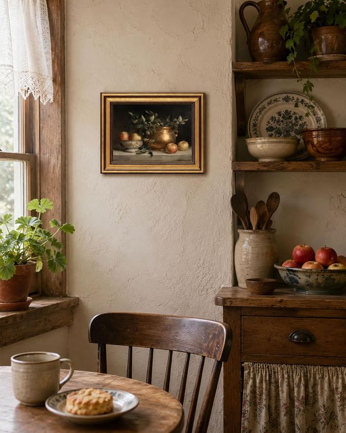 Gold Framed Wall Art, Vintage Apple Still Life Canvas Prints, Classical Farmhouse Fruit Picture Wall Decor, Antique Rustic Kitchen Artwork for Dining Room, Kitchen 12x16 inch