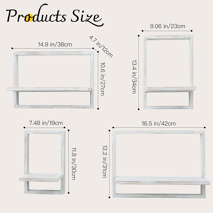 Floating Shelves for Wall,Decorative Wall Shelves,Plants Shelf Framed | Square Wall Decor,Art Sconces Artificial Vases Hanging Storage Shelf for Bathroom Living Room,Wood,Set of 4,Rustic White