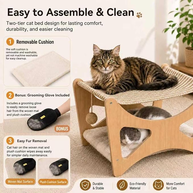 Cat Hammock Bed, 3 in 1 Elevated Bunk Cat Hammock Bed with Sisal Scratching Pad & Soft Plush Cushion, Wooden Cat Furniture for Small to Medium Cat & Dog, Pet Hair Removal Glove