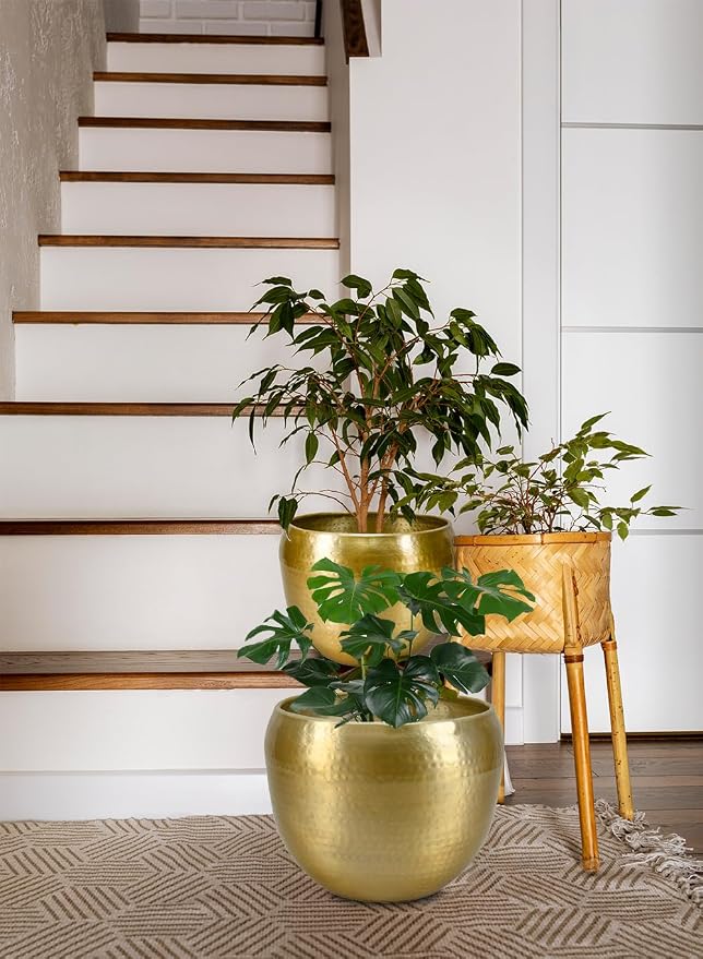 Serene Spaces Living Brass-Look Aluminum Cachepot: Handcrafted in India, Elegant Wedding & Home Decor, Vintage Planter for Indoor Plants, Flowers, Table Centerpieces, and Ornamental Display, KIT of 2