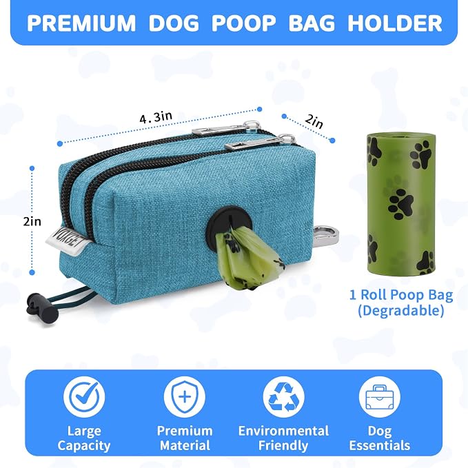 Dog Poop Bag Holder with Treat Pouch, 2 Zipper Pockets & Leash Clip