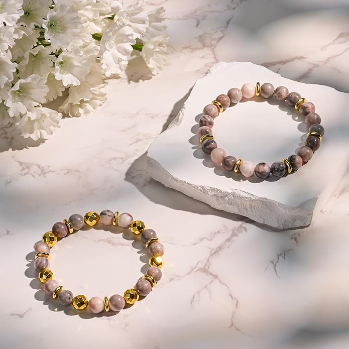 Bivei Natural Gemstone Semi Precious Healing Crystals Handmade Stretchy Round Beads Bracelet,Stocking Stuffers for Women Enhance Positive Energy