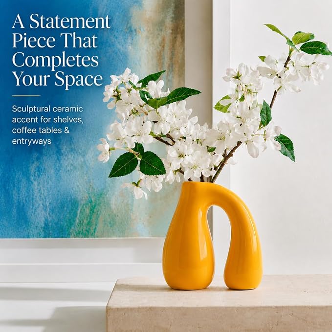 Yellow Ceramic Vase for Pampas, Boho Shelf & Table Decor | Holds Dried Stems and Faux Florals - Sculptural Accent for Mantel, Console and Entryway