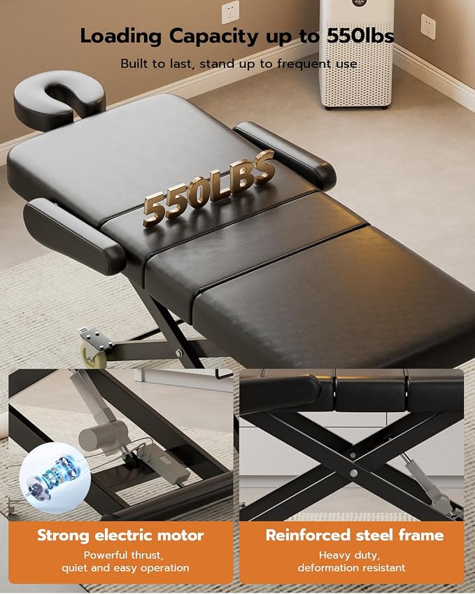 SyyBhb Fully Electric Massage Table Professional with Foot Pedal for Clients, Customized Angle Adjustable and Electric Lift 3 Motor, Heavy Duty Frame, Exam/Treatment/Spa/Tattoo/Facial, Black