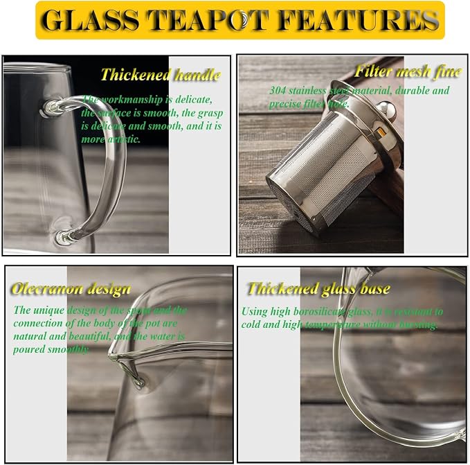 Glass Teapot with Removable Stainless Steel Infuser, Borosilicate Glass Tea Pot with Strainer,for Blooming Tea & Loose Leaf Tea, Microwave & Stovetop Safe (33OZ)